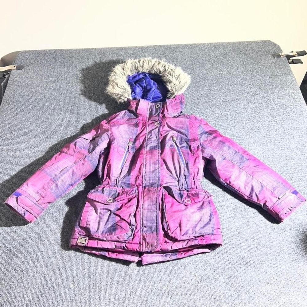 ZeroXposur Girls Purple Plaid Winter Parka Jacket Faux Fur Hood Size M 8